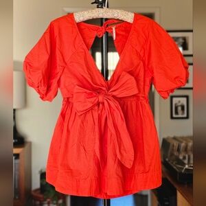 Free People Red Bow Puff Sleeve Open Back Top